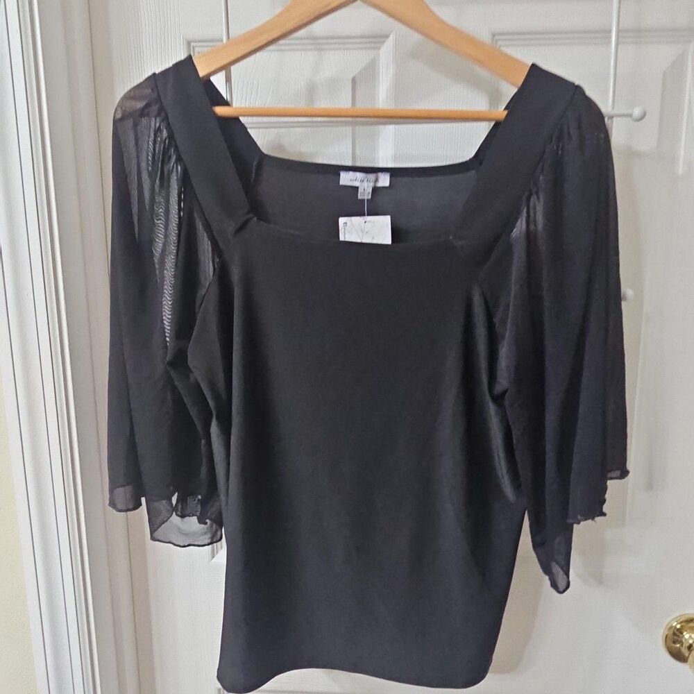 White Birch Blouse Size L Black Square Neck Sheer Half Sleeve Top
